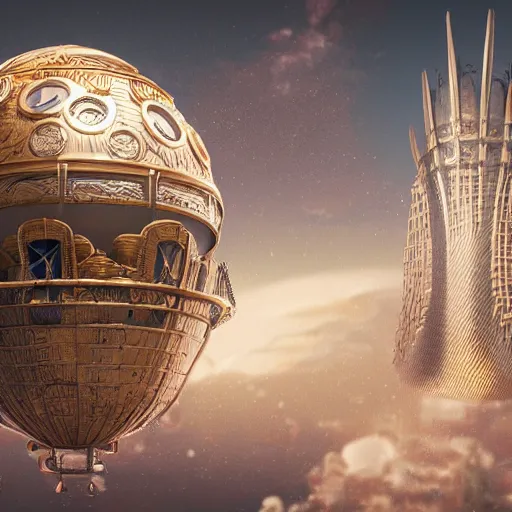 Image similar to enormous flying city in a faberge egg, sky, steampunk, fantasy art, octane render