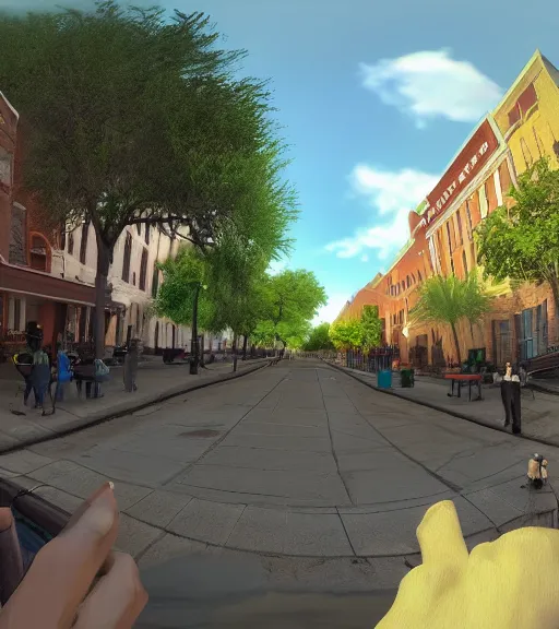 Image similar to First-Person VR POV screenshot. Walking through Savannah, Missouri. Trending on Artstation. Lighting, colors, and shading by James Gurney.