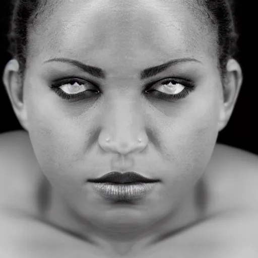 Prompt: symmetrical, close up face portrait of Burnadette Peters at age 27, scowling, studio lighting, depth of field, photography, black and white, highly detailed