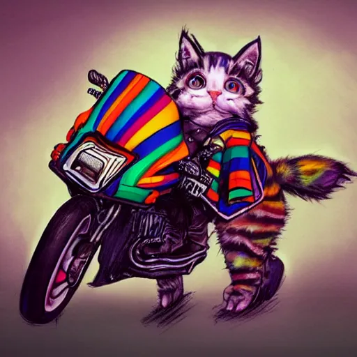 Image similar to wide angle full body, jacket wearing fluffy cute rainbow kitten wearing a black leather motorcycle jacket, cinematic concept art