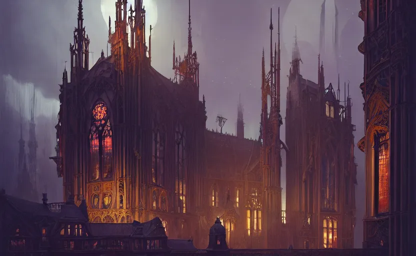 Image similar to exterior shot of utopian gothic steampunk victorian english architecture with cinematic lighting by zaha hadid peter zumthor and renzo piano and, darek zabrocki and greg ruthkowski, simon stalenhag, cinematic, holy place, paradise, scifi, futurism, atmospheric, concept art, artstation, trending on artstation