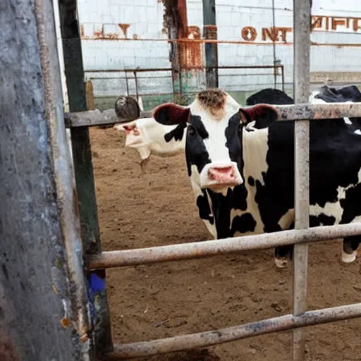 Image similar to dirty bottle of milk and a cow inside slaughterhouse