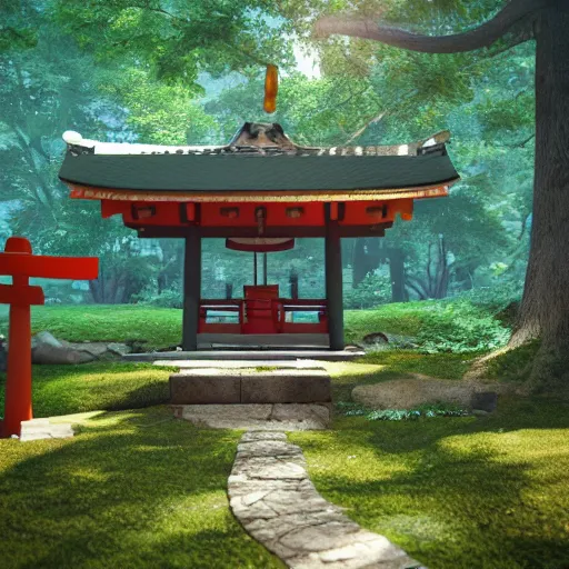 Prompt: an isometric 3 d render of a shinto shrine in the forest, isometric, octane render, unreal engine