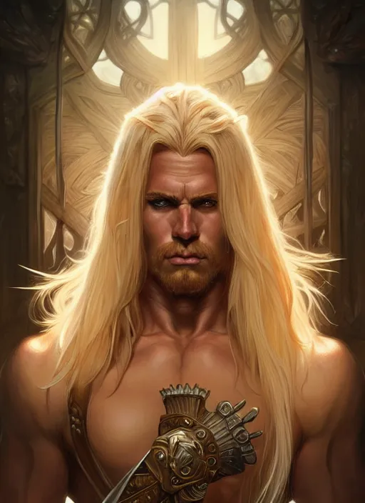 Prompt: symmetry! portrait of barbarian, blond hair, d & d, muscular!! fantasy, intricate, elegant, highly detailed, digital painting, artstation, concept art, smooth, sharp focus, illustration, art by artgerm and greg rutkowski and alphonse mucha