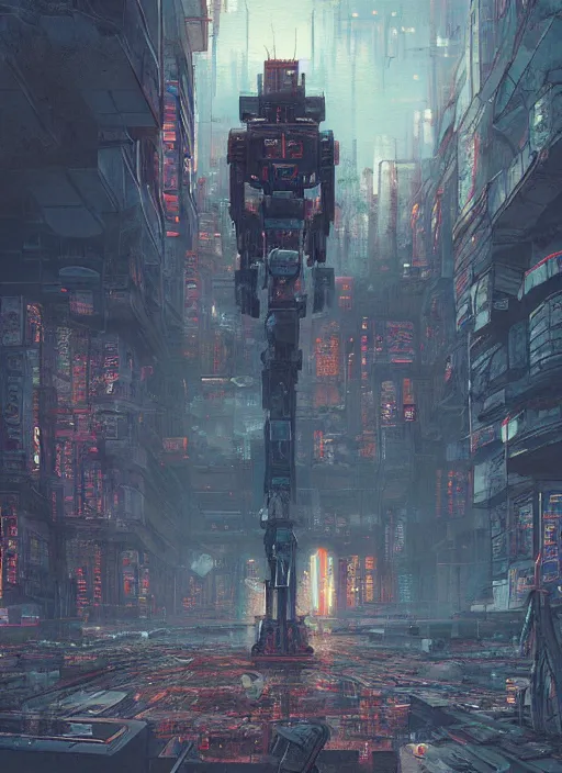 Image similar to a painting of a giant robot standing in front of a post apocalyptic city ruins, cyberpunk art by mike winkelmann, behance contest winner, nuclear art, dystopian art, apocalypse art, sci - fi