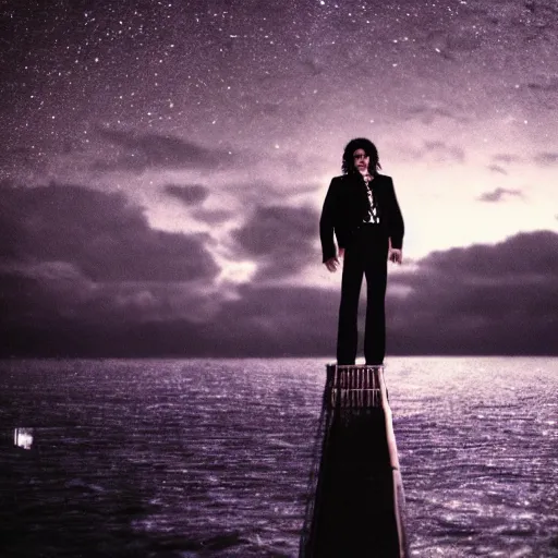 Image similar to michael jackson standing on a raised translucent platform in the middle of the sea, night time with milky way in the sky. cinematic, 3 5 mm film, sharpness, nostalgic and melancholic 4 k, 8 k