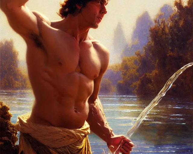 Image similar to muscular magician man, casting water magic, making waves rise from a beautiful lake. highly detailed painting by gaston bussiere, craig mullins, j. c. leyendecker 8 k