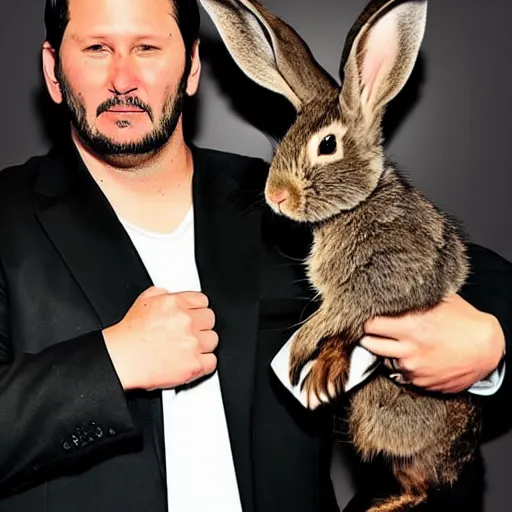 Image similar to keanue reeves posing with a rabbit wearing a john wick costume