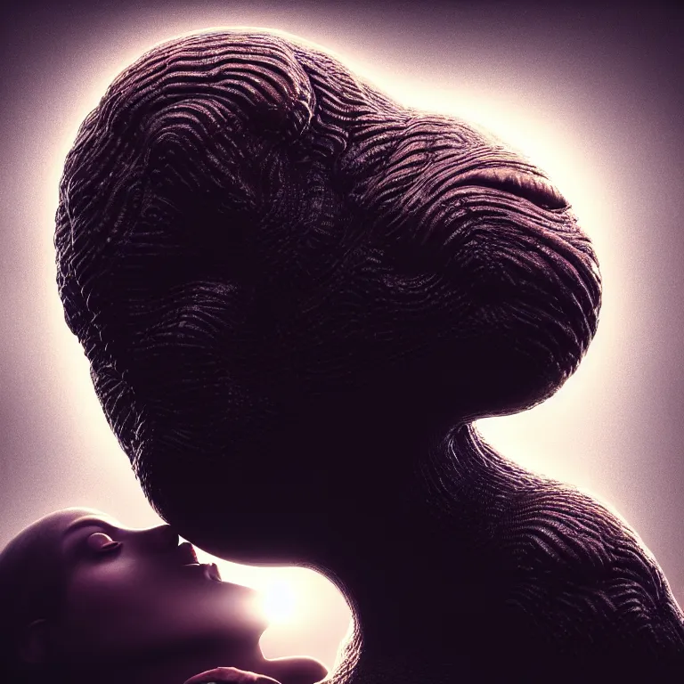 Prompt: closeup portrait of ribbed alien kissing hominidae, lucid dream - like heavy atmosphere, baroque painting, harsh flash photo, perfect composition, detailed octane render trending on artstation, 8 k artistic photography, volumetric cinematic perfect light, chiaroscuro, masterpiece, raphael, caravaggio, beksinski, rutkowski, beeple