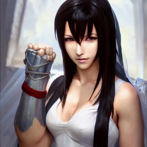 Image similar to tifa lockhart in a wedding dress, cg animation, riot entertainment, arcane, realistic, character select portrait, by artgerm, greg rutkowski, alphonse mucha, 3 d