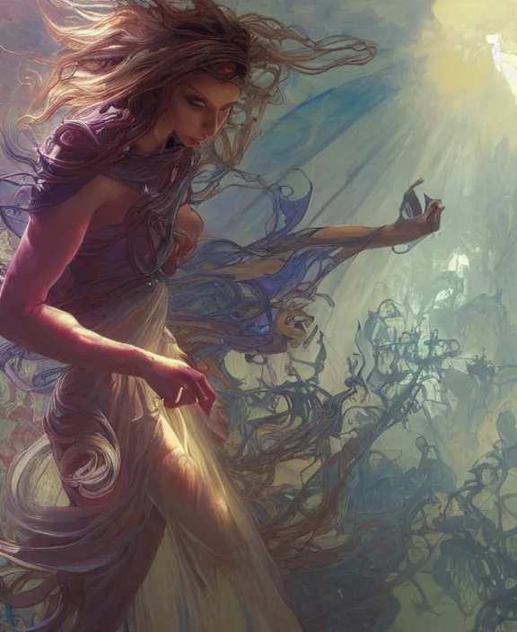 Image similar to a whirlwind of souls rushing inside the metaverse, half body, glowin eyes, d & d, fantasy, intricate, elegant, highly detailed, colorful, vivid color, digital painting, artstation, concept art, art by artgerm and greg rutkowski and alphonse mucha and ruan jia