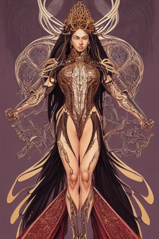 Image similar to symmetry!! intense fanart of back pose of witchblade as acotar protagonist, traditional queen dress, intricate, hyper detailed background, elegant, highly detailed, my rendition, digital painting, artstation, concept art, smooth, sharp focus, illustration, art by artgerm, greg rutkowski and alphonse mucha, by hajime sorayama and boris vallejo