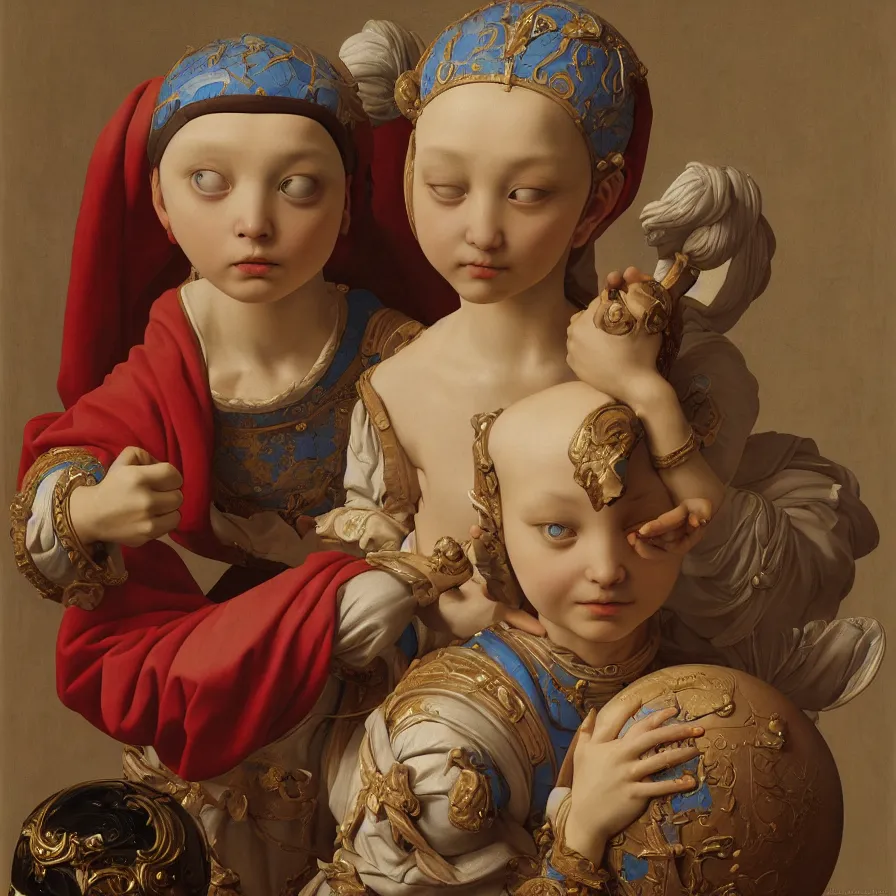 Prompt: a painting of a doraemon ceramic toy, a flemish baroque by dino valls, trending on zbrush central, classical realism, flemish baroque, hyper realism, chiaroscuro