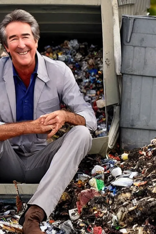 Prompt: randy mantooth smiling sitting on a garbage heap and drinking wine