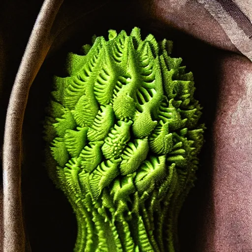 Prompt: romanesco brocoli balenciaga sneakers, arcimboldo, close up, highly detailed, dramatic intense lighting, deep shadows, wet, foggy