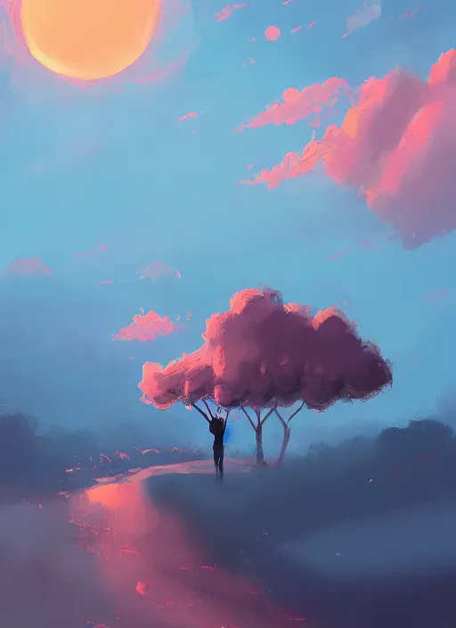 Prompt: Clouds in the shape of a peach, giant insects, digital painting by Alena Aenami, Alena Aenami, Alena Aenami, Alena Aenami, serene, artstation, concept art, 8k