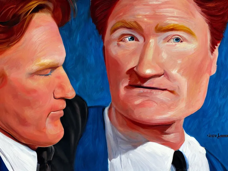 Image similar to portrait of conan o'brien with an hand on his chin, painting by jose malhoa, high detail, high resolution
