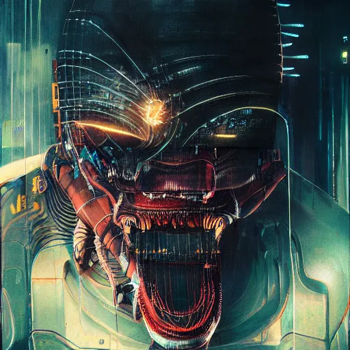 Image similar to cyborg robot tiger, huge jaws and exposed wiring, camera lens eyes, cyberpunk 2 0 7 7 and beksinski style painting