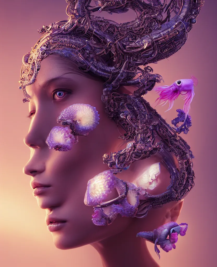 Image similar to goddess close-up portrait of princess face and ram skull. eyes. jellyfish phoenix head, nautilus, orchid, skull, betta fish, bioluminiscent creatures, intricate artwork by Tooth Wu and wlop and beeple. octane render, trending on artstation, greg rutkowski very coherent symmetrical artwork. cinematic, hyper realism, high detail, octane render, 8k