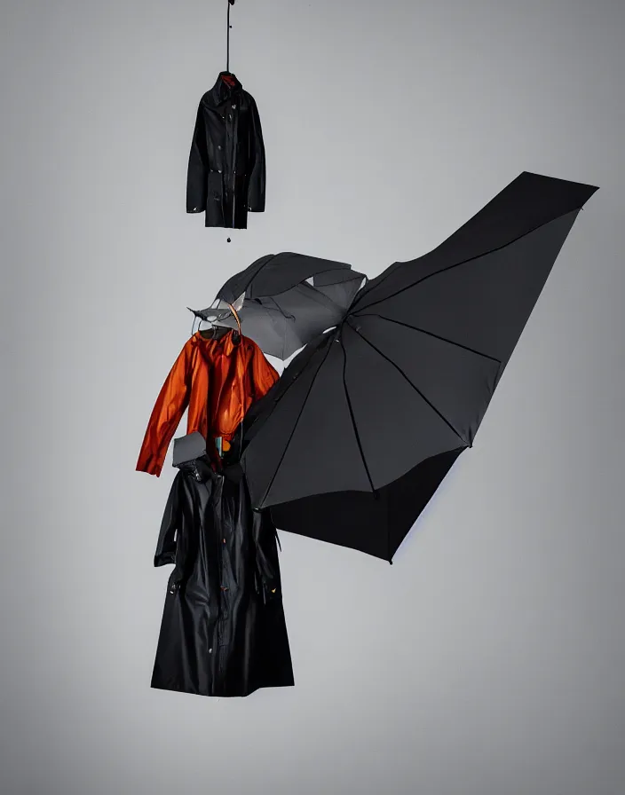 Image similar to close - up portrait of an empty slick fashionable zara raincoat floating suspended mid - air on a rainy display designed by james terrell, wes anderson, okuda, symmetry, rule of thirds