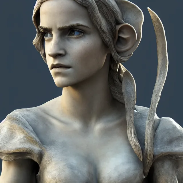 Image similar to marble sculpture of emma watson as an elf warrior, realistic, unreal engine render, octane render, hyper realistic, photo, 8 k, cinematic lighting