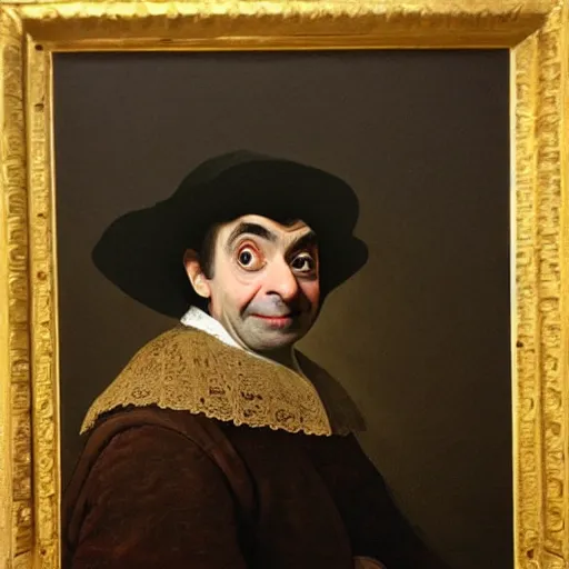 Prompt: mr. bean portrait in the louvre, painted by rembrandt