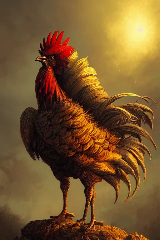 Image similar to a beautiful tarot card artwork of a rooster in armour, horror, backlit, gloomy sky, highly detailed, digital painting, intricate golden threads, by eddie mendoza and greg rutkowski and dan mumford and artgerm, vivid colors, detailed shading, 8 k resolution, intricate, smooth