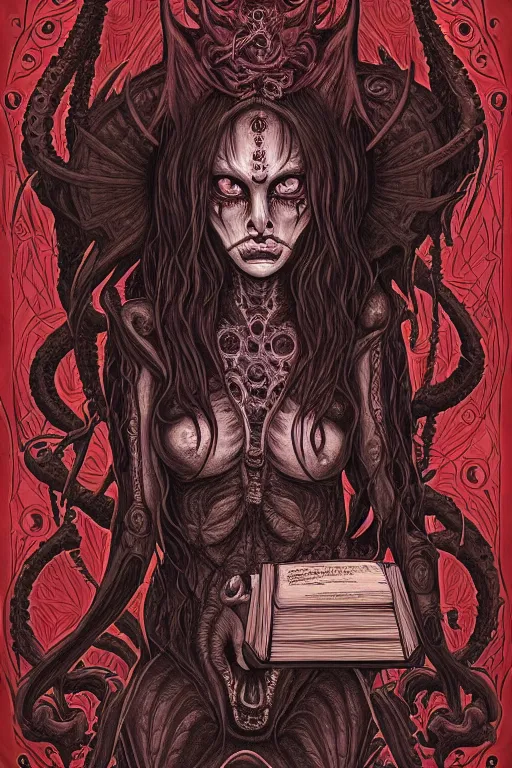 Image similar to ai illustration of demoness, her cat and her book of necronomicon, symmetrical, cinematic, sharp focus, 4 k, ultra hd, sense of awe, sinister demonic atmosphere, dreadful, forbidden knowledge, old gods, cthulhu, yog - sothoth! yah, yah, yah! cultist journal cover