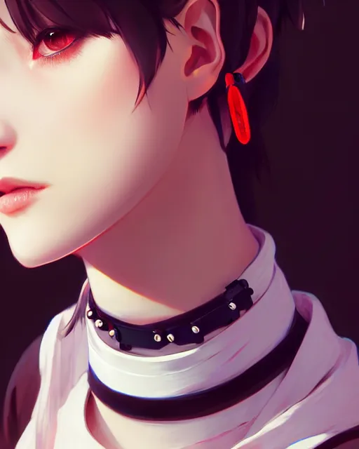 Image similar to full very close up neck shot of a beautiful skinny choir girl, in tshirt and choker, by saruei and guweiz and ilya kuvshinov, digital art, highly detailed, intricate, sharp focus, trending on artstation hq, deviantart, pinterest, unreal engine 5, 4 k uhd image