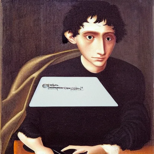 Prompt: portrait of a shaggy black haired teenager with a black colored sweater with a laptop, full body, renaissance painting, ultra detailed, high resolution, masterpiece