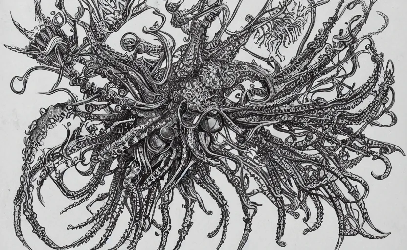 Prompt: monster character design, fantasy. intricate jellyfish crab eagle lizard biomechanical. by ernst haeckel