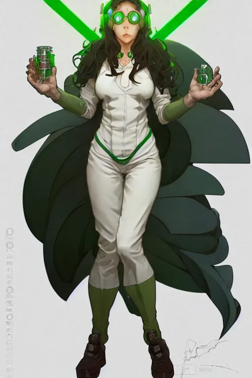 Image similar to a full body character design by artgerm, cushart krenz, greg rutkowski and alphonse mucha. mad scientist woman lab coat!! green plasma cyborg body!! symmetrical gear background, face sharp edges. ultra clear detailed. 8 k. ultra detailed, elegant, intricate, octane render.