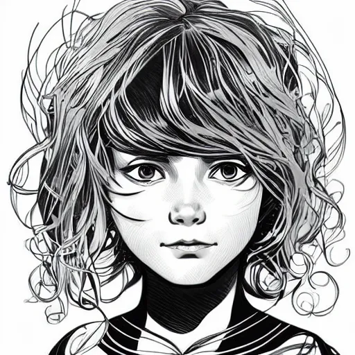 Prompt: clean simple line art of a little girl with short wavy curly light brown hair and blue eyes, a superhero. no background. well composed, clean, black and white, beautiful detailed face line art by ilya kuvshinov and alphonse mucha