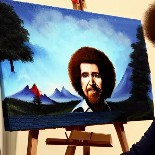 Image similar to a closeup photorealistic photograph of bob ross working on a canvas painting of marilyn manson. happy trees, mountain scape. film still. brightly lit scene. this 4 k hd image is trending on artstation, featured on behance, well - rendered, extra crisp, features intricate detail, epic composition and the style of unreal engine.