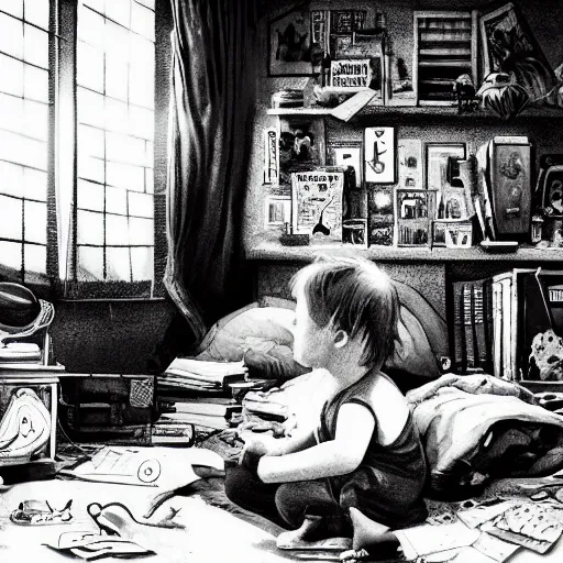 Prompt: a black and white photo, a child sits in a cluttered bedroom, in front of a computer, as their imagination spills onto the screen ond out the other side into a wave of color and magic, detailed intricate ink illustration, dark atmosphere, detailed illustration, hd, 4k, digital art, overdetailed art, concept art, by greg rutkowski, by loish, complementing colors, Trending on artstation, deviantart