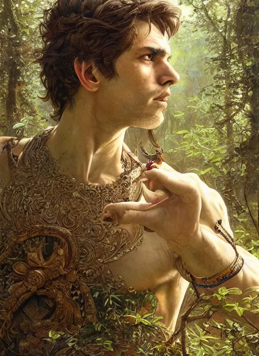 Image similar to intricate detailed portrait painting of a male warrior on a beautiful forest meadow, temple ruins surrounded by lush forest, afternoon, intricate, elegant, highly detailed, digital painting, sharp, focus, illustration art by artgerm and greg rutkowski and alphonse mucha