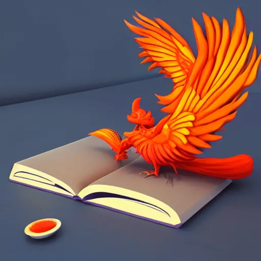 Prompt: A small fiery phoenix reads a book in a library, Digital Art, Artstation, 3D, Raytracing, UHD, Ultra High Definition, 4K, Render, Cycles, competition winning