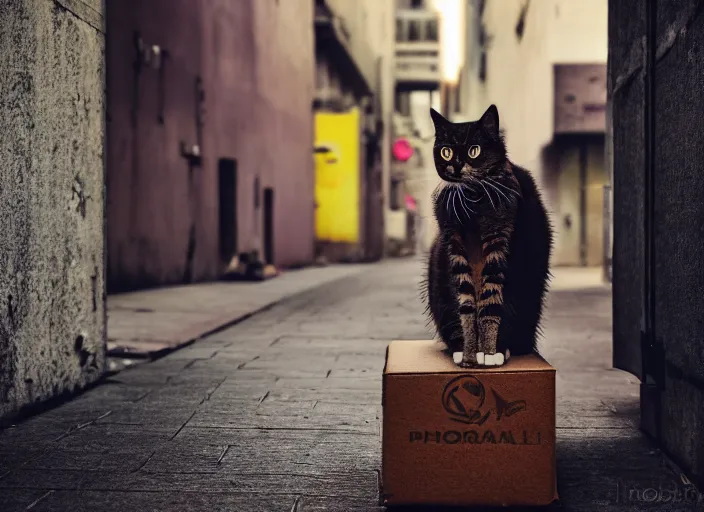 Image similar to photography of a Cat sitting on a box. in a cyberpunk street, award winning photo, colors, 100mm, sharp, high res