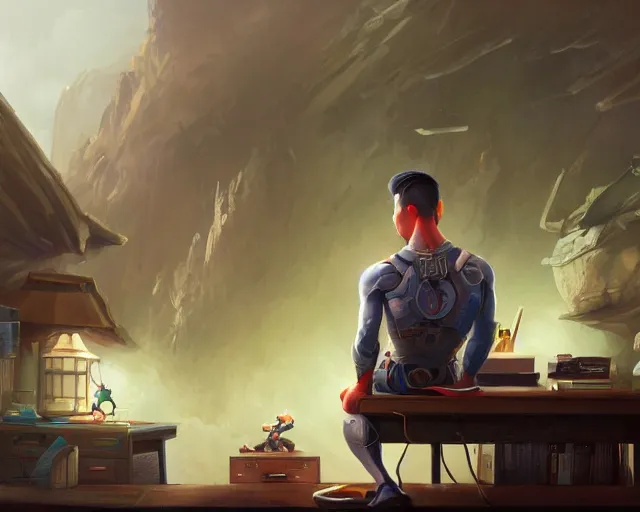 Image similar to an insanely detailed painting of a nerdy asian man wearing a superhero costume, sitting at a desk, staring at the nervously at the computer and typing, in the style of peter mohrbacher, dramatic lighting and composition, surreal background, octane render, pixar, trending on artstation, concept art, comic book, view from behind