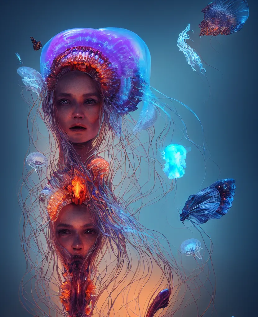 Prompt: goddess of death portrait. jellyfish phoenix head, nautilus, butterfly, skull, ice and fire, bioluminiscent creatures, intricate artwork by Tooth Wu and wlop and beeple. octane render, trending on artstation, greg rutkowski very coherent symmetrical artwork. cinematic, hyper realism, high detail, octane render, 8k