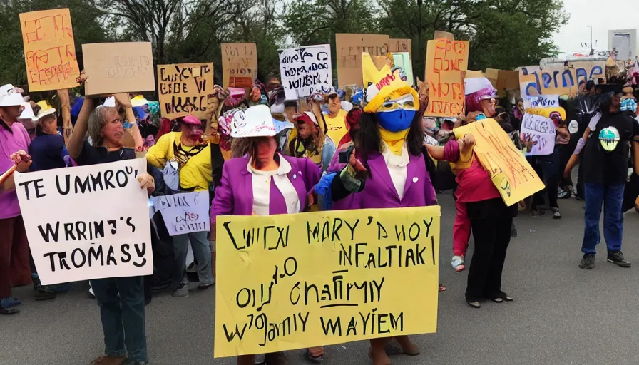 Prompt: willy wonka's oompa loompas holding up signs and protesting outside the factory against unfair work conditions