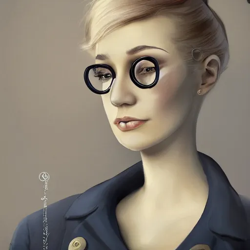 Prompt: a severe middle aged french woman with blonde hair tied in a strict bun, spectacles, lots of makeup, rich, victorian outfit, character portrait, digital art, high quality, 8 k, detailed, d & d character,