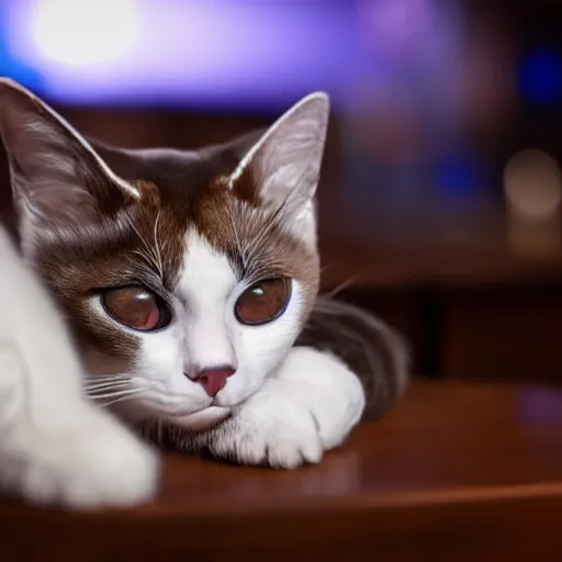 Image similar to cute snowshoe cat taking a nap at the bar, cinematic lighting,