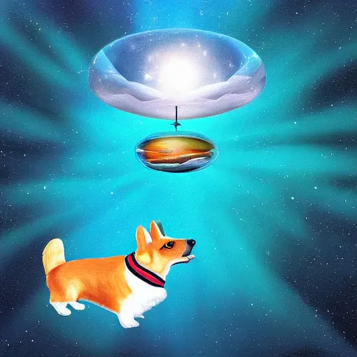 Image similar to surreal digital painting of a corgi floating in space