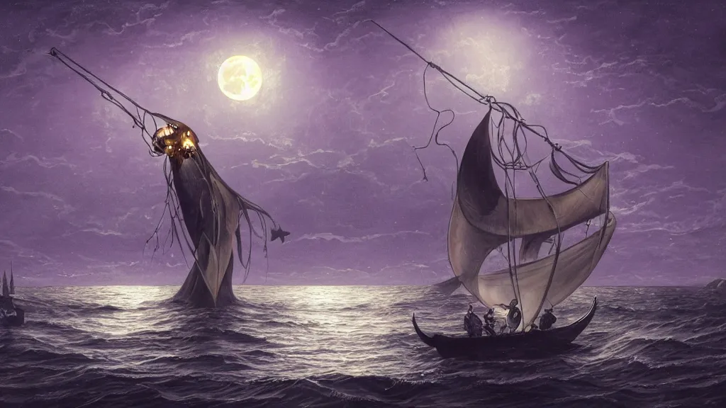 Image similar to a giant anglerfish at the surface of the water meets a sailor with a lantern on a sloop, background with large full moon and purple sky, in the styles of tom coletti, jorge jacinto, and thomas veyrat intricate, accurate details