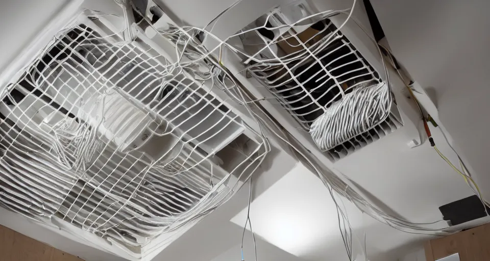 Image similar to a tangle of air ducts, cables and wiring in a small dysoptian flat, style of terry gilliam