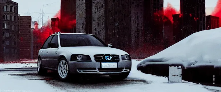 Image similar to Audi A4 B6 Avant (2002), a gritty neo-noir, dramatic lighting, cinematic, eerie person, death, homicide, homicide in the snow, gunshots, establishing shot, extremely high detail, photorealistic, red mist, red fog, chaos, arson, burning city, cinematic lighting, artstation, by simon stalenhag, Max Payne (PC) (2001) winter New York at night, In the style of Max Payne 1 graphic novel, flashing lights, Poets of the Fall - Late Goodbye