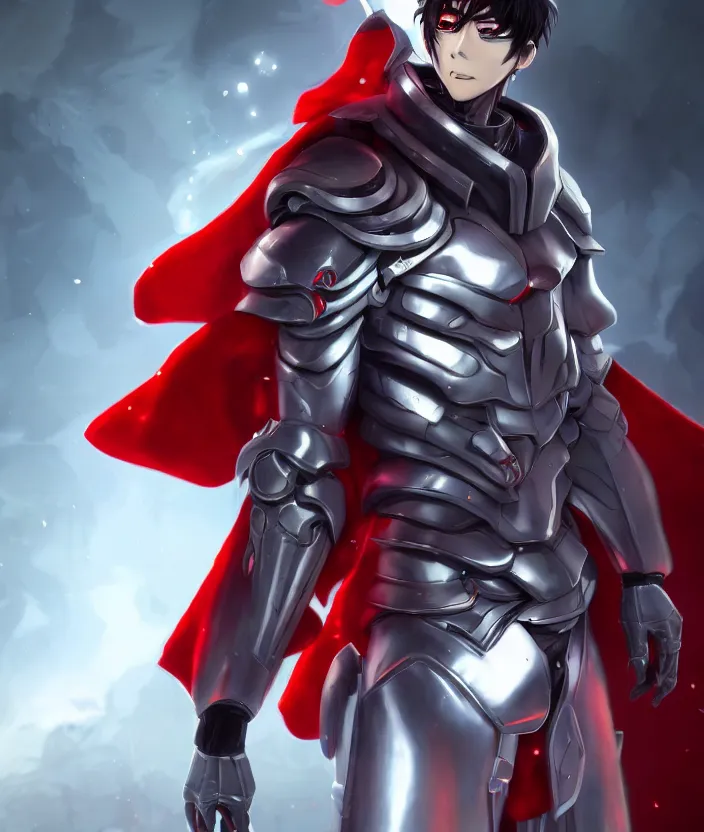 Image similar to a detailed manga character illustration of a dark haired silver cyborg anime man with a red cape, trending on artstation, digital art, 4 k resolution, detailed, octane render, high quality, sharp focus, hq artwork, insane detail, concept art, character concept, character illustration, full body illustration, cinematic, dramatic lighting