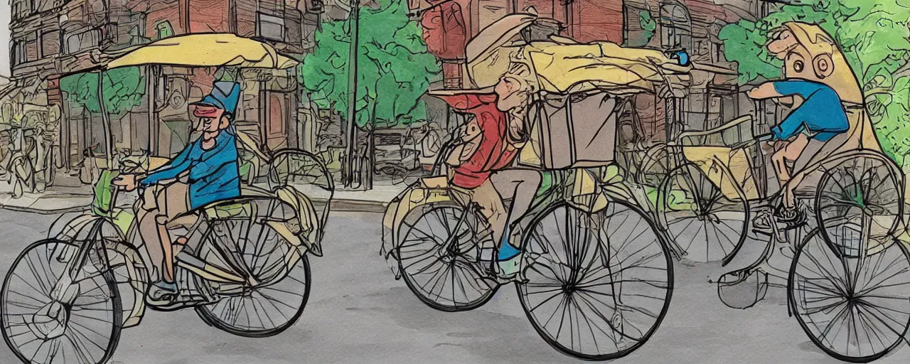 Image similar to beautiful detailed comic illustration of a uber eats delivery guy on a bicycle, colored