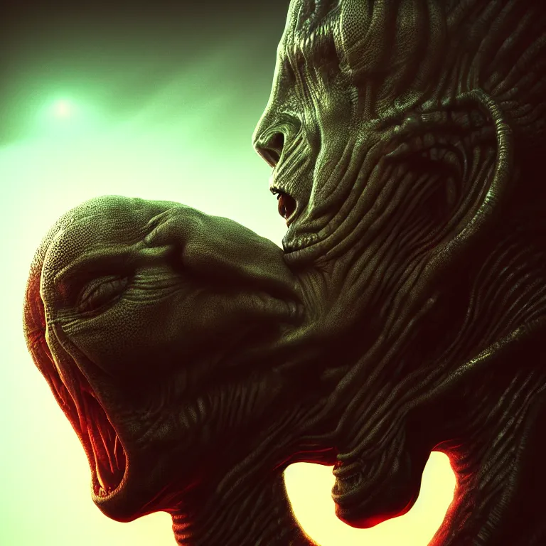 Image similar to closeup portrait of ribbed alien kissing prehistoric human, lucid dream - like heavy atmosphere, baroque painting, harsh flash photo, perfect composition, detailed octane render trending on artstation, 8 k artistic photography, volumetric cinematic perfect light, chiaroscuro, masterpiece, raphael, caravaggio, beksinski, rutkowski, beeple